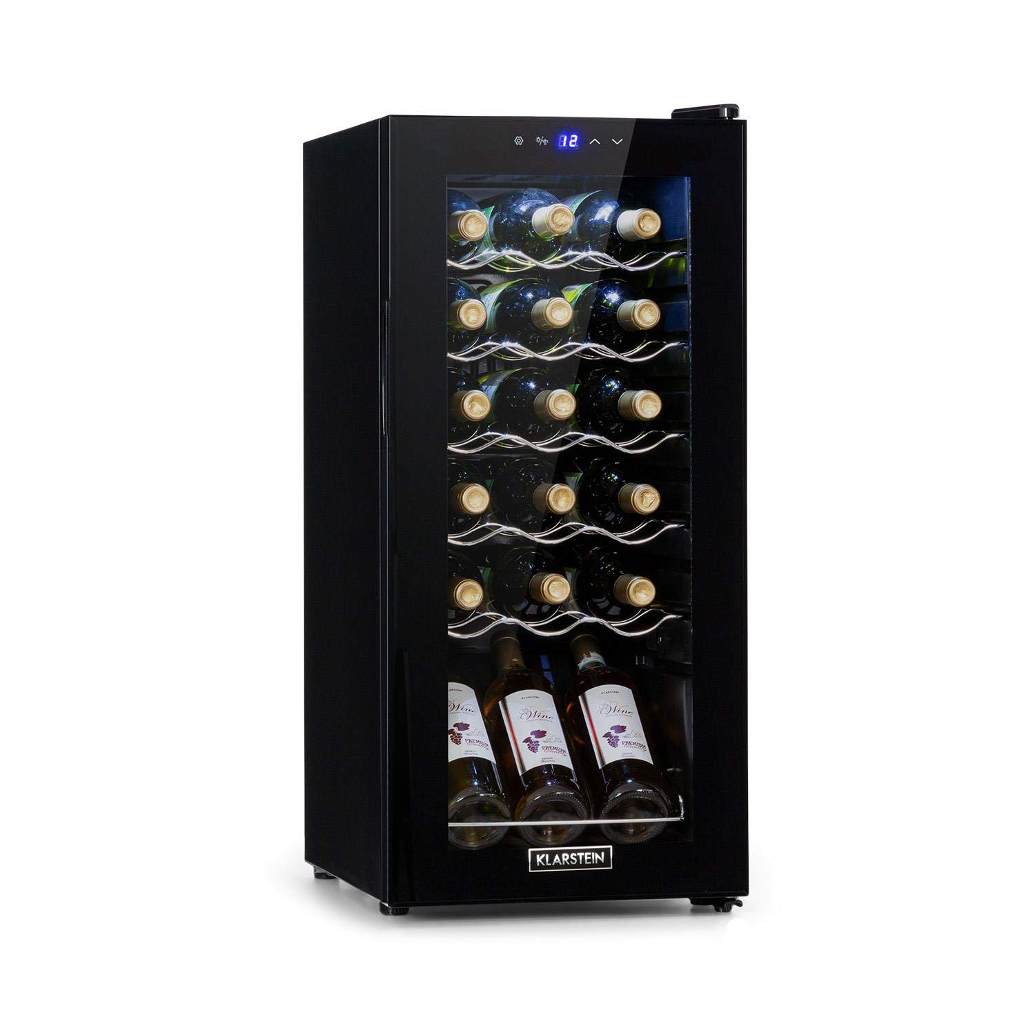 KLARSTEINShiraz Wine Cooler - Wiin Fridge Volume: 50 Liter, Temperatures: 5-18 °C, Bottle Fridge with Space For 18 Bottles of Wine, Soft-Touch Control Panel, 3 Shelves, Freestanding, Black