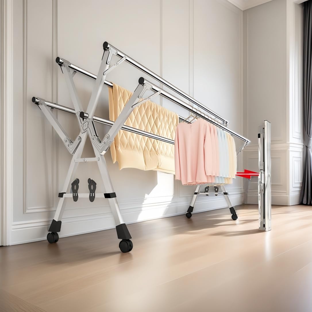 5-Stangen Klappbarer Wäscheständer aus Edelstahl - Höhenverstellbar (150-240cm) mit Rollen & Schuhhaltern für Innen/Außen