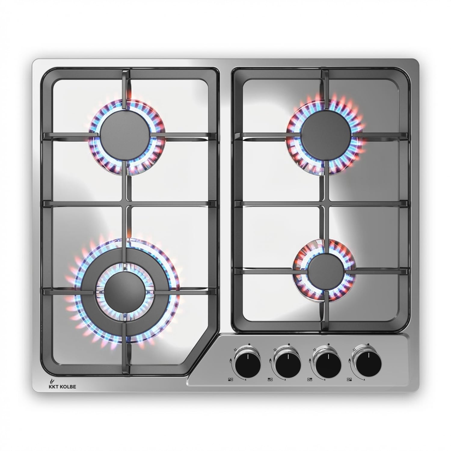 KKT KOLBE Placa de gas 58 cm inox sin marco | 4 fuegos 7,9 kW con zona wok | mandos giratorios, parrillas de hierro fundido | apta gas natural y propano | G604ED