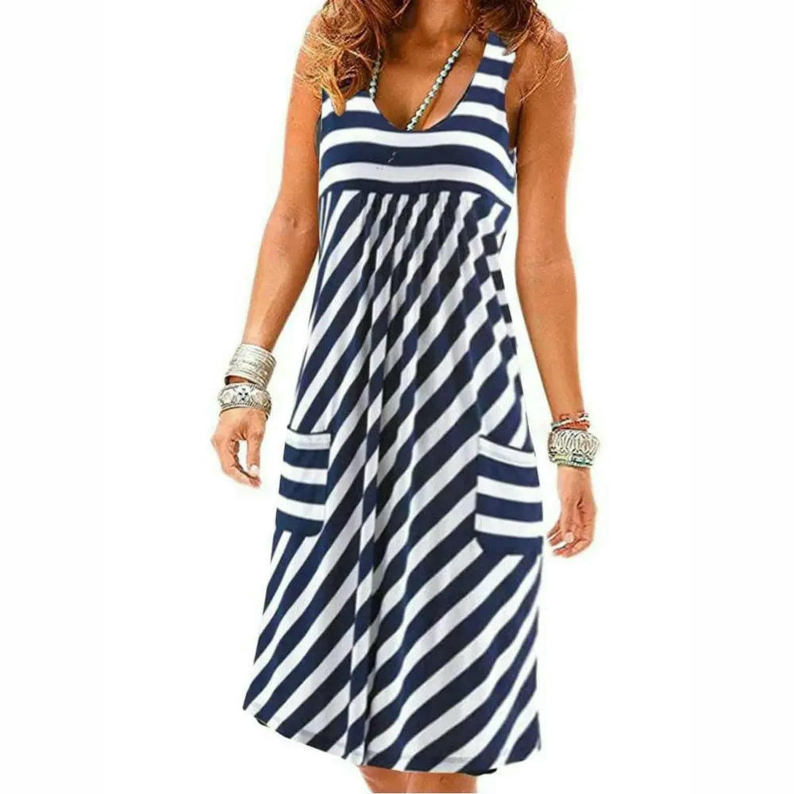 Abito Donna Estivo Senza Maniche A Righe da Longuette Ampio Casual Leggero Indossare Ogni Giorno E in Vacanza-bianco-4xl