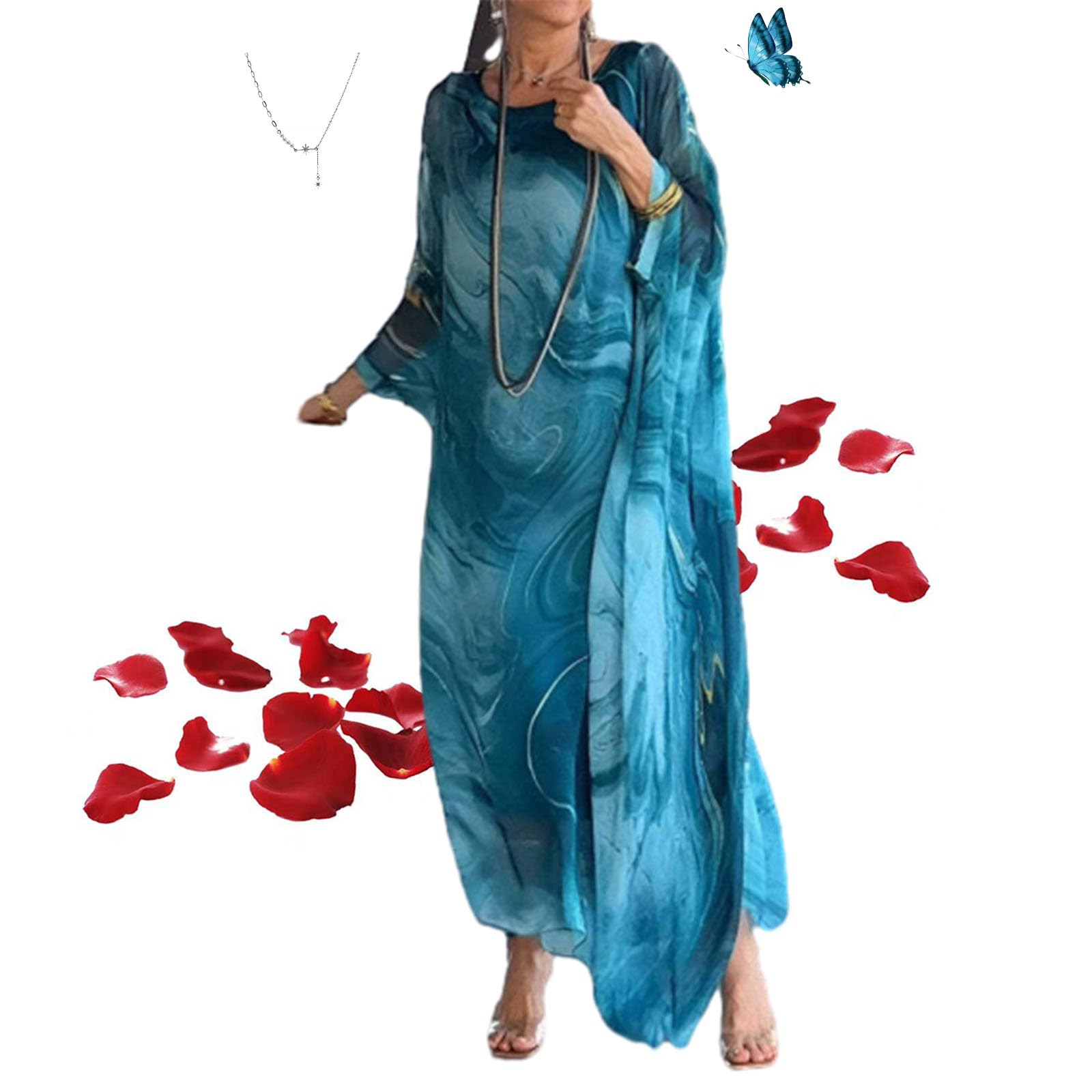 Robe élégante en Mousseline de Soie à imprimé marbré, Robe mi-Longue décontractée à Manches Chauve-Souris pour Femme
