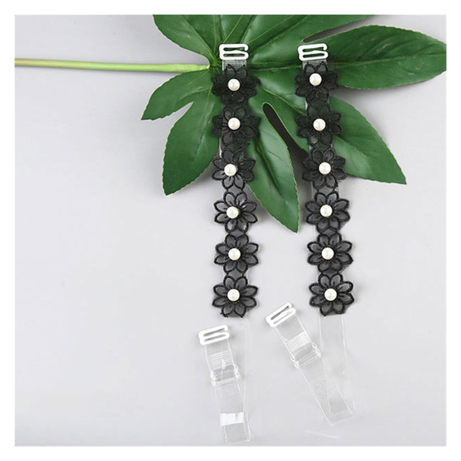 YGMNQAL Women Pearl Flower Lace Adjust Bra Straps Shoulder Strap Lingerie Transparent For Invisibility Underwear(Black transparent)