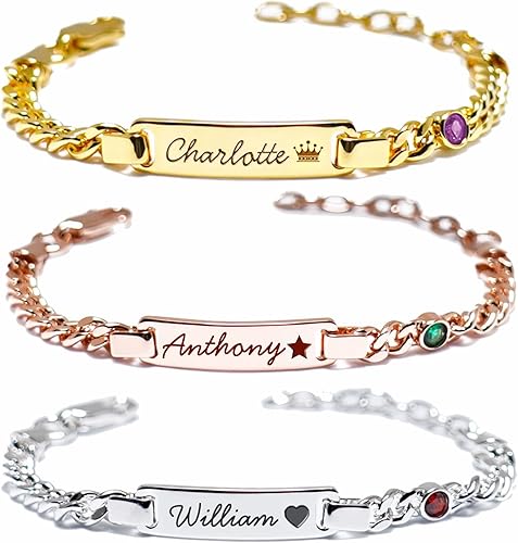Pulseras personalizadas con nombre de bebé, chapado en oro de 18 quilates, pulseras de piedra natal de identificación de bebé personalizadas para
