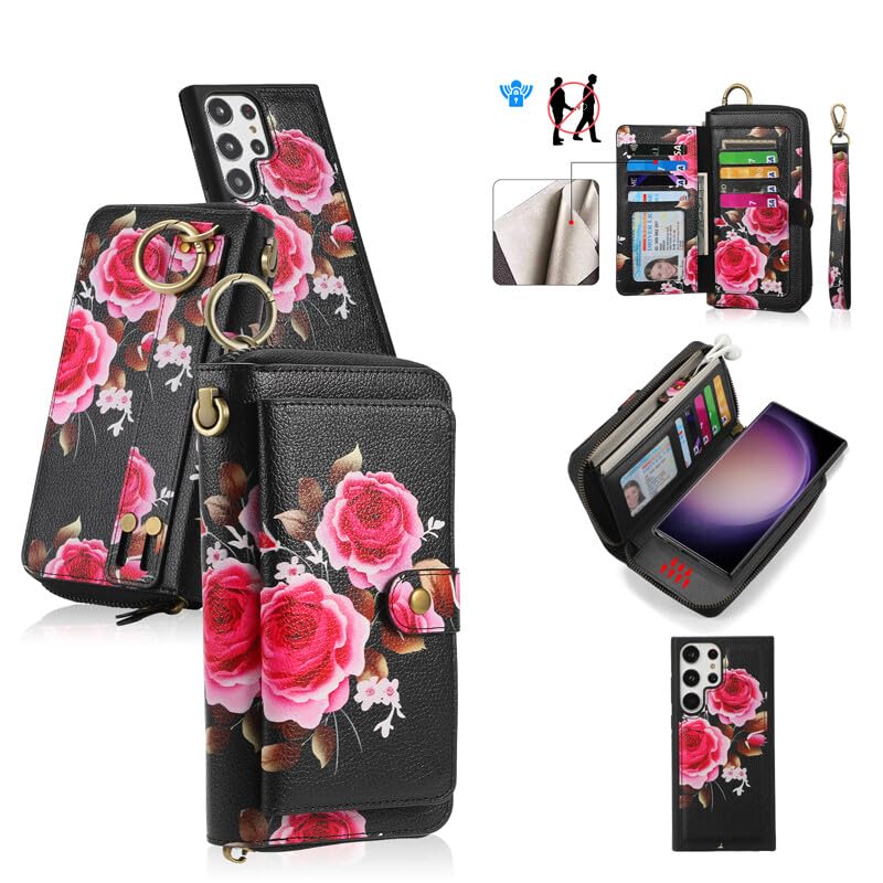Etui Galaxy S23 cuir fleur noir avec coque magnetique detachable