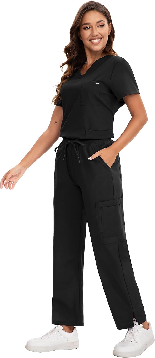 Scrub for Women - 4-Way Stretch V-neck Top & Stretch Straight-Leg Medical Uniforms with Functional Pockets