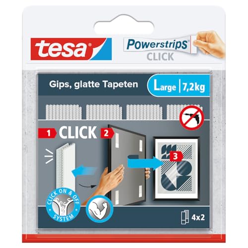 tesa Powerstrips Click - Velcro Adhesive Pads for Clicking on and Off Picture Frames and Wall Decorations No Drilling - Self-Adhesive Velcro Strips with On and Off Click System - Large - 4 x 2 Pieces