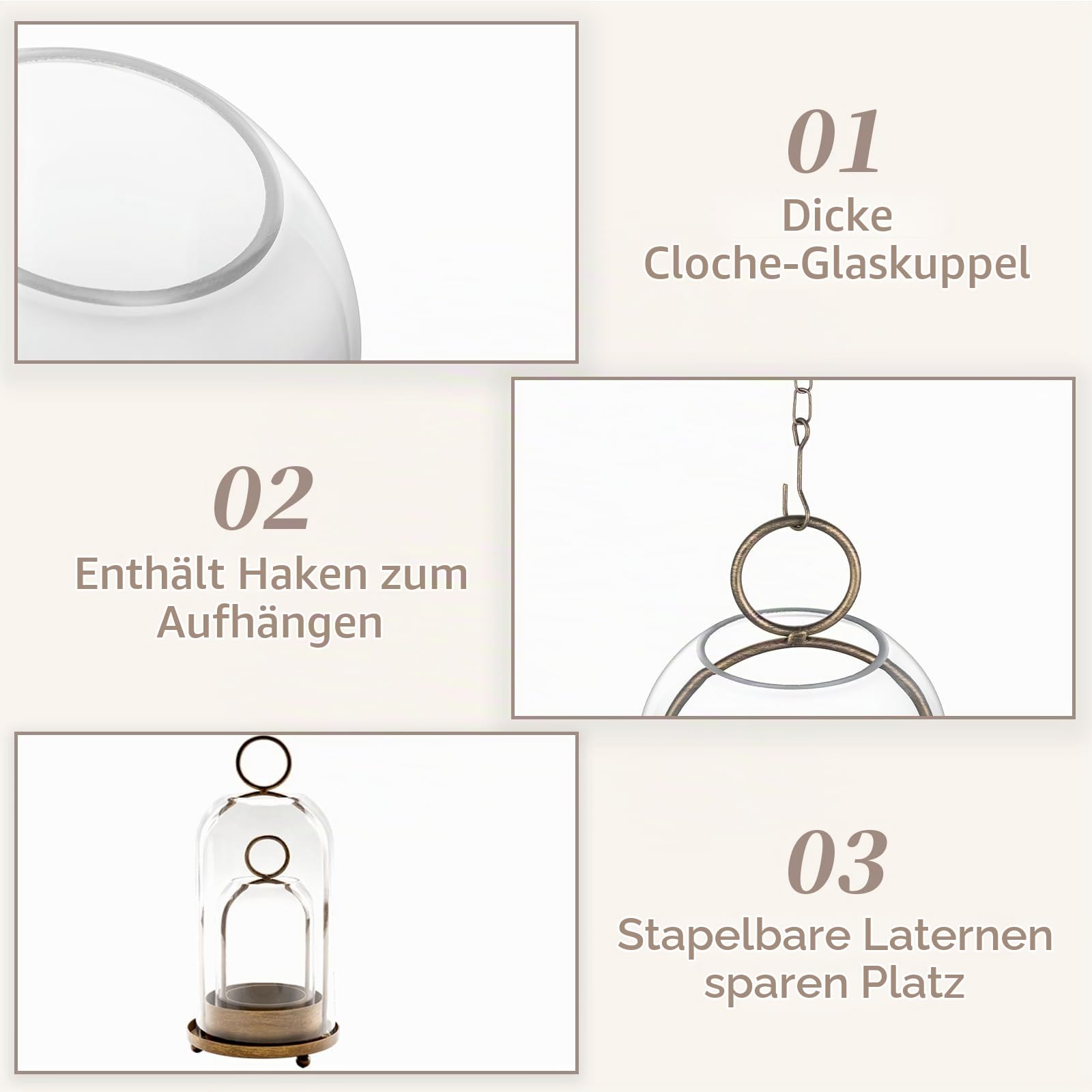 Sziqiqi Windlicht Kerzenständer für Stumpenkerzen in Messing-Optik, 2er-Set | Große Vintage-Laternen mit Glaskuppel, Landhausstil-Kerzenhalter mit Kette, für Deko Wohnzimmer, Outdoor, Kamin, Balkon