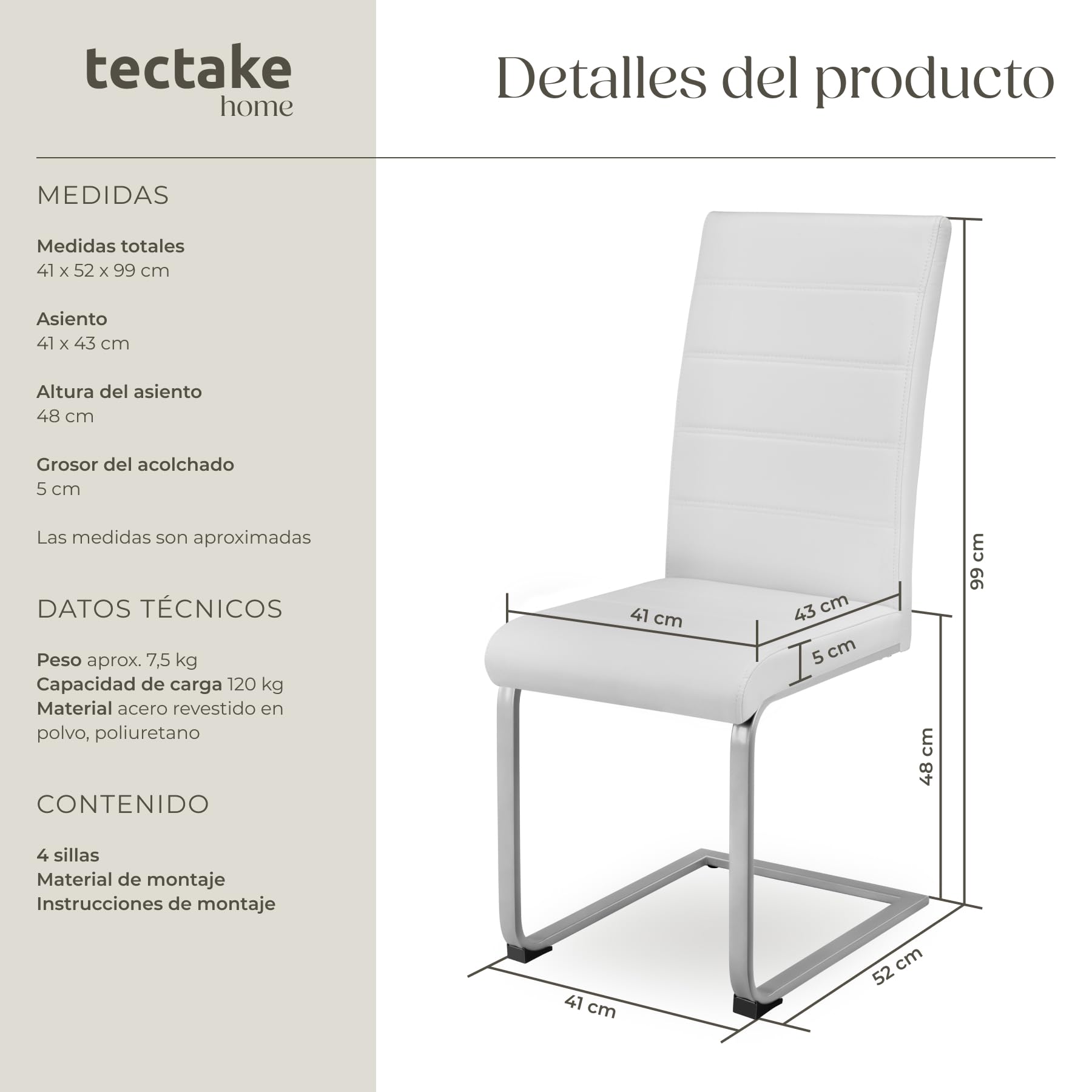 tectake® Conjunto de Sillas de Comedor, Diseño Moderno, Asiento y Respaldo Acolchado, Piel Sintética, Alta Capacidad,Montaje Rápido, Sillas Cocina, Silla Comedor - 4 Sillas Blanco