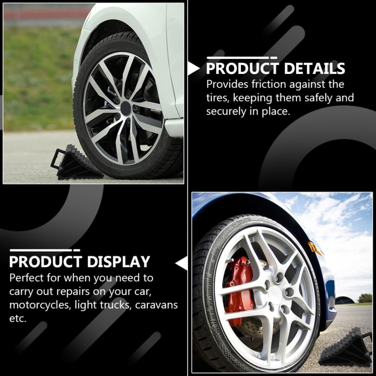 2pcs Heavy Duty Black Car Wheel Chocks with Handle for Tires