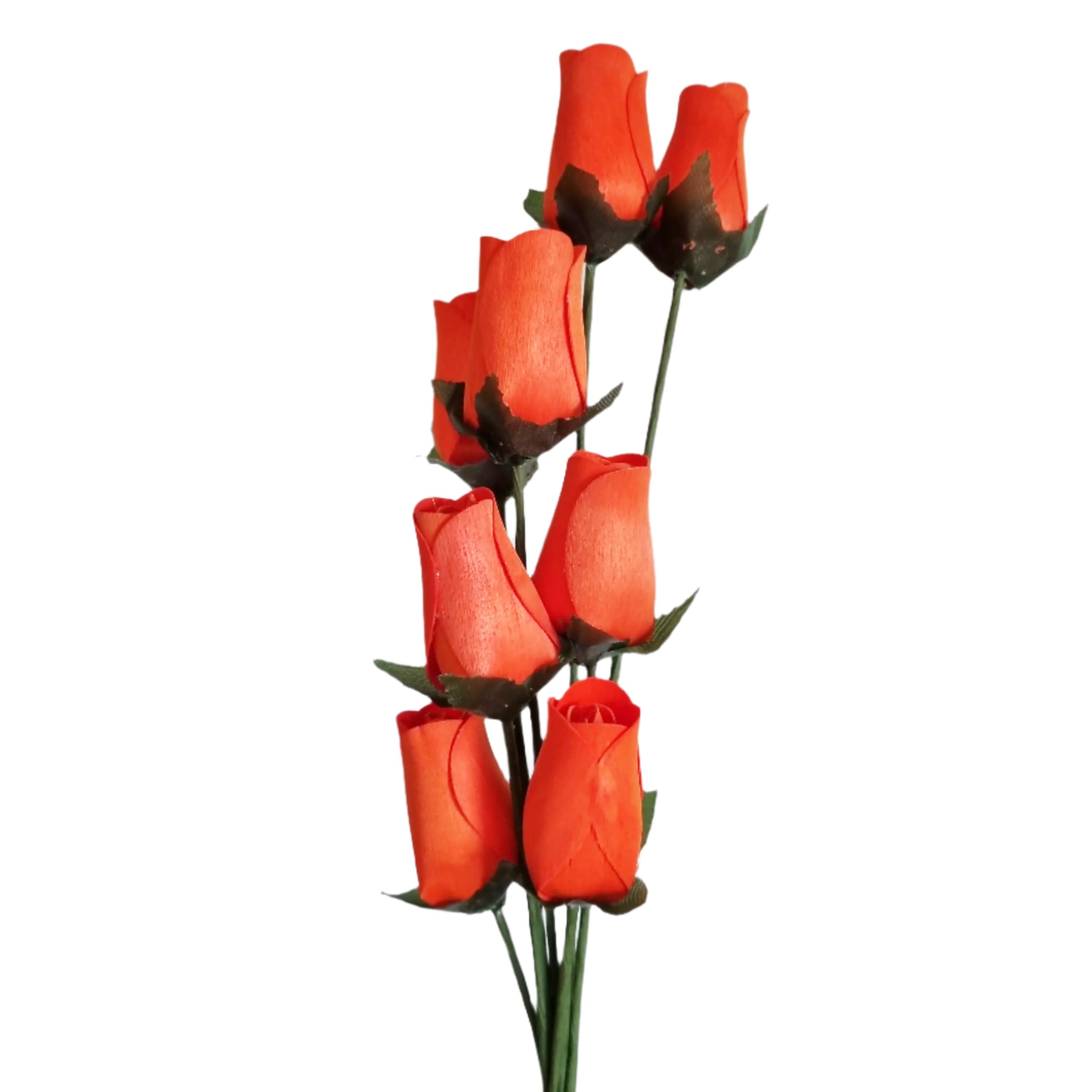 Homestreet Wooden Roses In Many Colours - 8 Single Rose Bud Stems Tied In A Bunch - Quality Small Flower Display (Orange)