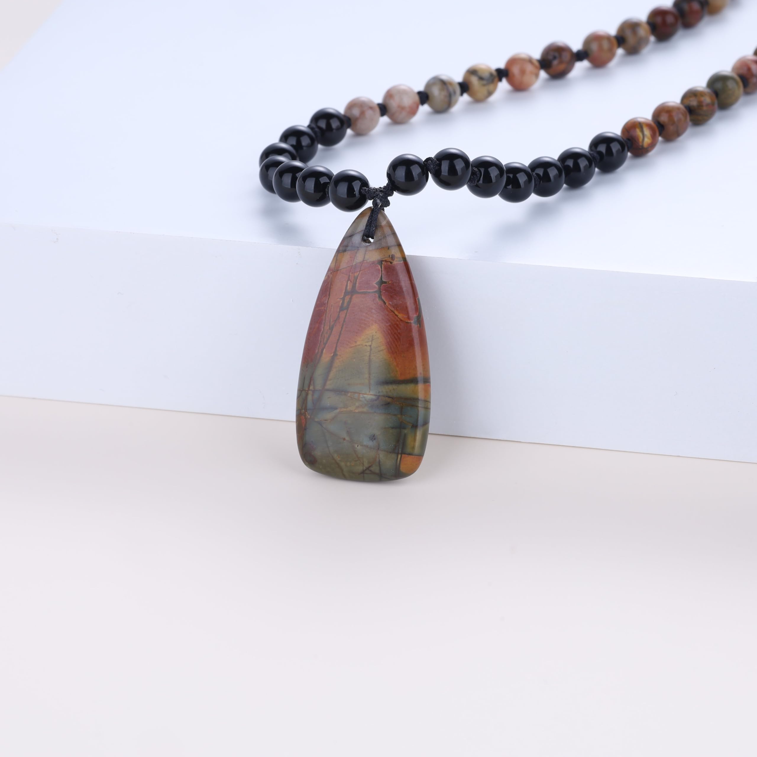 COAI Collier Mala 108 Perles, Collier Onyx Noir/Jaspe Picasso, Pendentif Goutte d'Eau