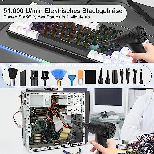 Faburo Elektrische Staubgebläse Druckluftspray Staubgebläse, 3-Gang 51000 U/min Compressed Air Duster für PC mit 7600mAh, Luftdruckspray mit LED-Licht und USB Schnellladung für Auto, Sofa, Bürogeräte