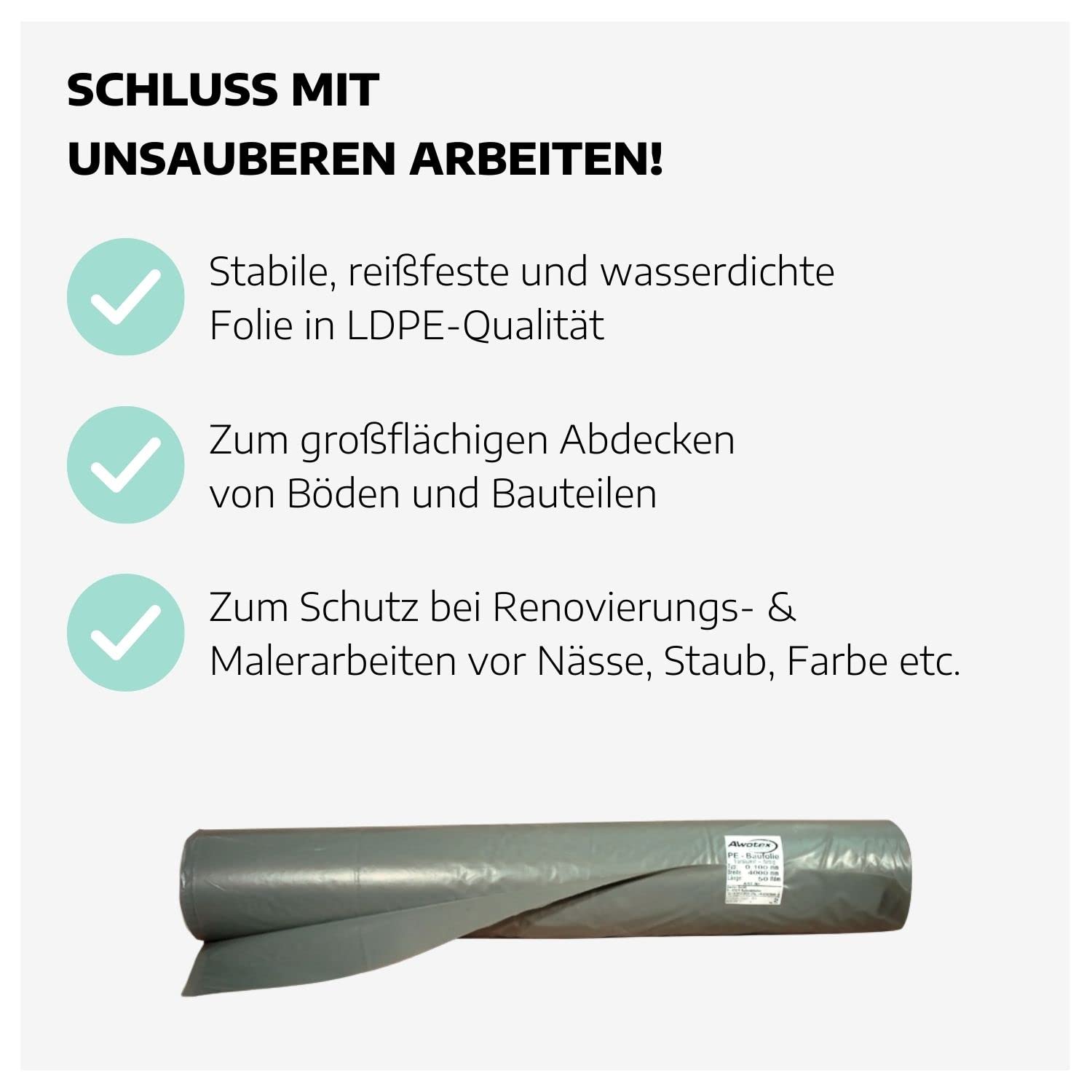 PE-Baufolie transluzent Typ 120 I 50 x 4 m Abdeckfolie mit 0,92g/cm³ I Bau-Folie transparent I LDPE-Polyethylen-Folien Rolle I Abdeckfolie wasserdicht für Innen & Außen