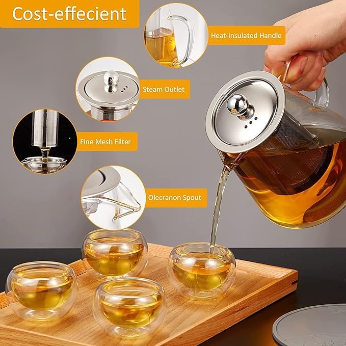 BuntyChiku Premium 550ML Glass Teapot with Removable Infuser | Stovetop & Microwave Safe Borosilicate Clear Large Glass Kettle | Easy to Pour Spout, Blooming and Loose Leaf Tea Maker Set (550) 4