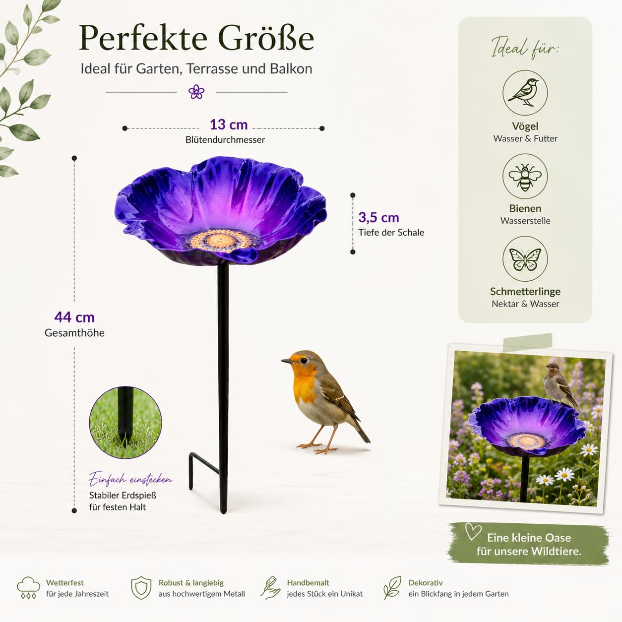 Vogeltränke Blume mit Gartenstecker aus Metall, Ø 5.1 inch,dekorative Bienentränke & Insektentränke für Garten, Balkon und Terrasse, wetterfest, 4 Farben (Lila+Gelb)
