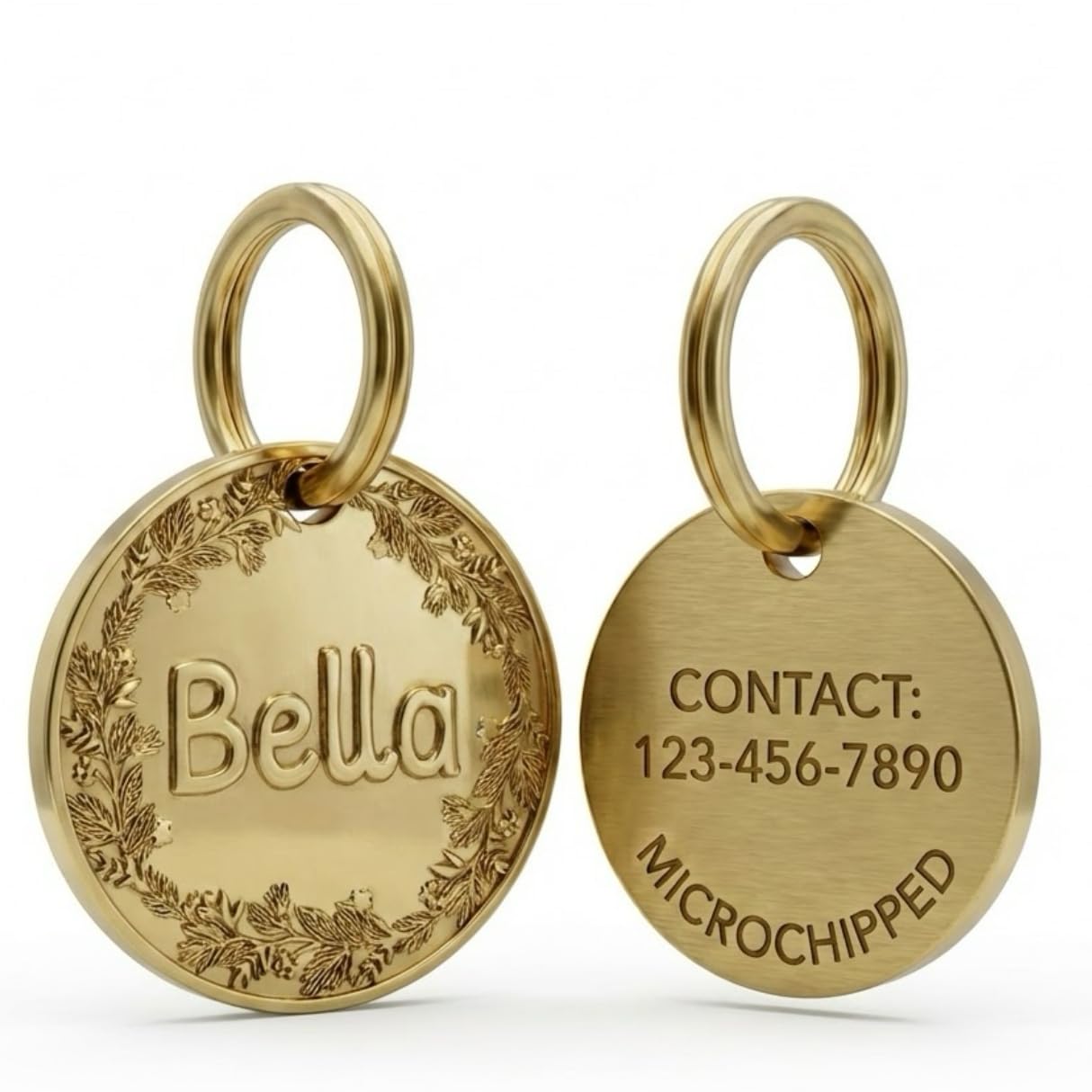 Personalised Dog Tag & Cat ID, Solid Brass with 3D Floral Wreath, Deep Engraved Name & Contact, Premium Pet Charm UK, Secure Ring Clasp – 25/30mm — image 1