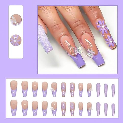 Miniatura 5 de Uñas postizas largas a presión, uñas postizas en forma de ataúd, uñas acrílicas con diseños de flores y mariposas, uñas adhesivas de cobertura