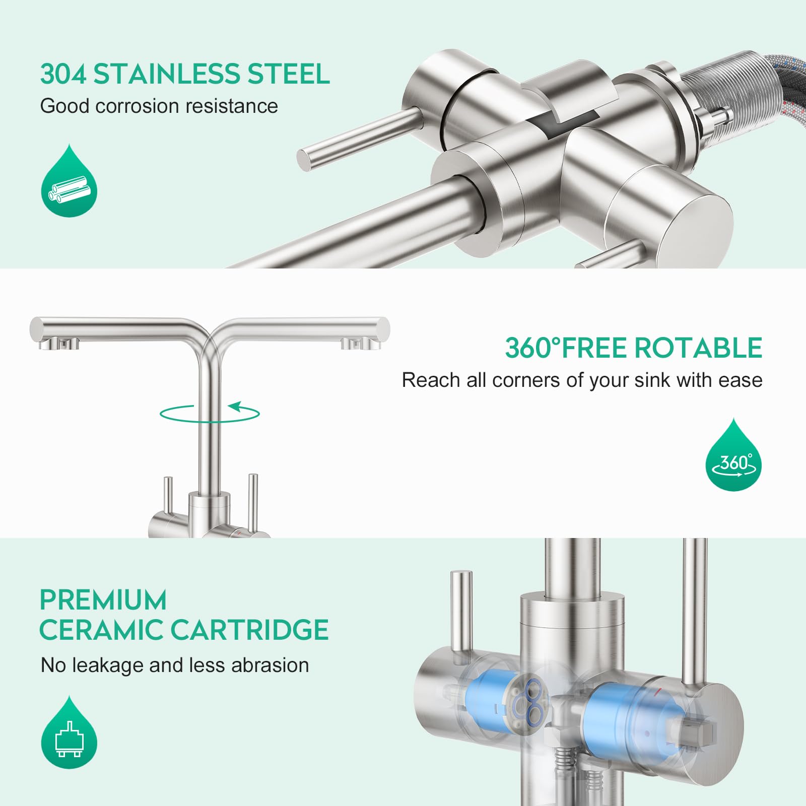 CREA Niederdruck Armatur Küche, 3 Wege Wasserhahn Küche, 360° Drehbar Küchenarmatur, 3 in 1 Mischbatterie für Wasserfilter, Trinkwasserhahn mit 2 Hebel, Drei Wege aus Edelstahl,Gebürstete Oberfläche