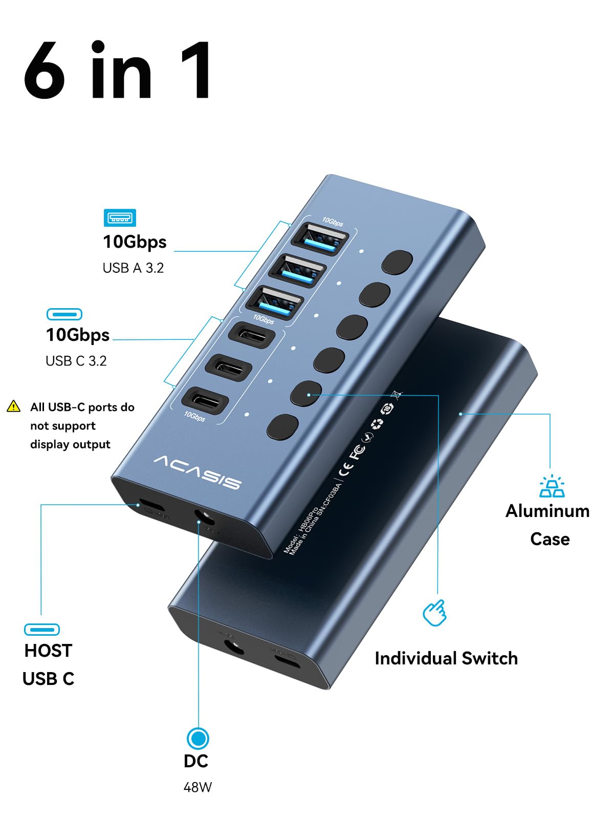 Hub USB 3.2 alimentado, ACASIS 6 puertos USB 3.2 (3 puertos USB-A 3.2 + 3 puertos USB-C 3.2), concentrador USB de aluminio alimentado con adaptador de corriente de 48 W, concentrador USB para PC
