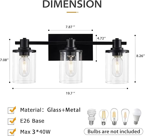 Miniatura 3 de Lámpara de tocador de baño de 3 luces, moderna lámpara de tocador de baño negro mate con pantalla de vidrio transparente, apliques de pared vintage,