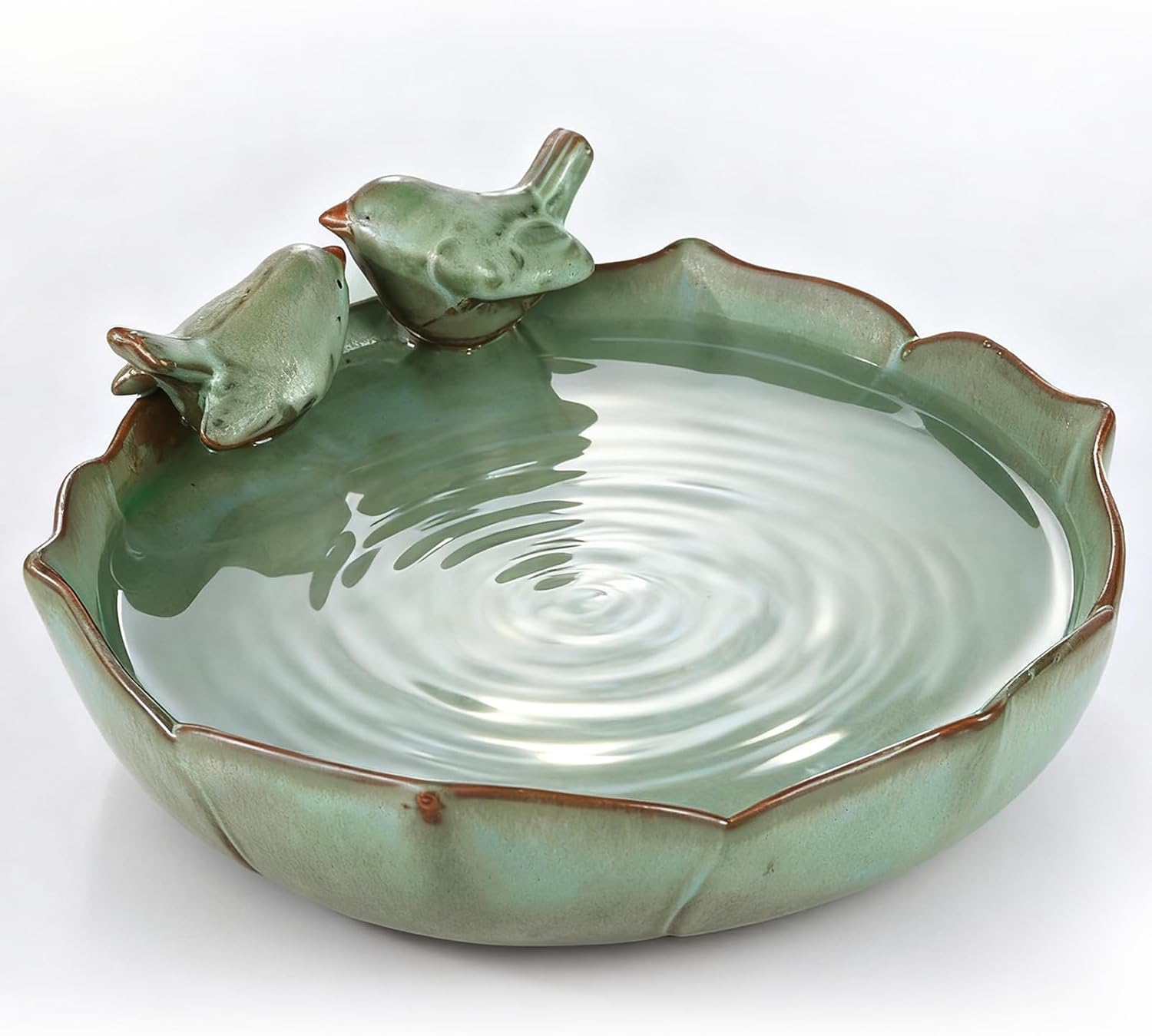 Ceramic Bird Bath Bowl for Outside – 9.8" Green Heavy Duty Garden Birdbath Basin, Ground or Tabletop Water Dish & Feeder for Birds, Bees, and Butterflies, Durable Weather-Resistant Outdoor Decor