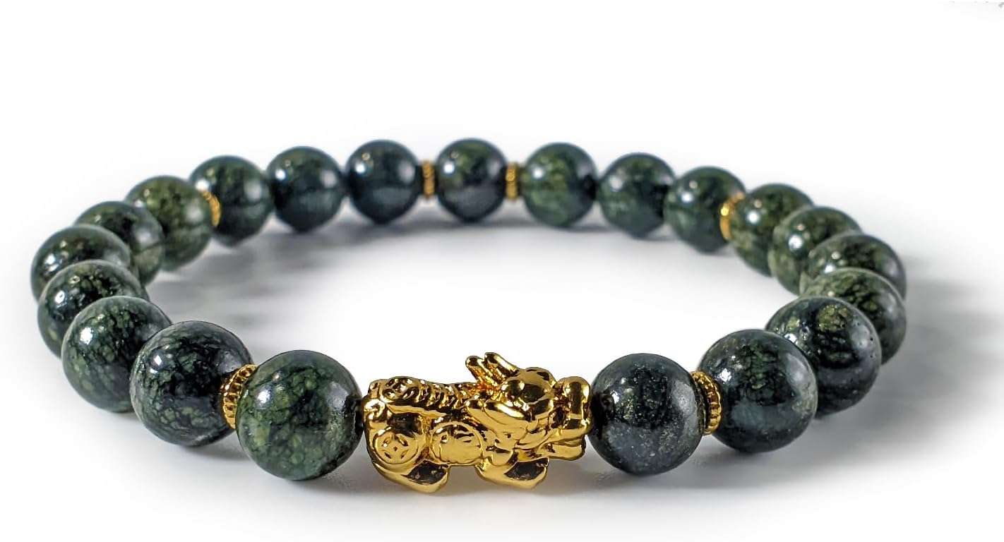 Pixiu Money + Abundence Bracelet for Good Luck - Handmade in the USA with Green Jade, Onyx, Aventurine or Serpentine 8mm Gemstones + 24K Gold Pixiu & Accents
