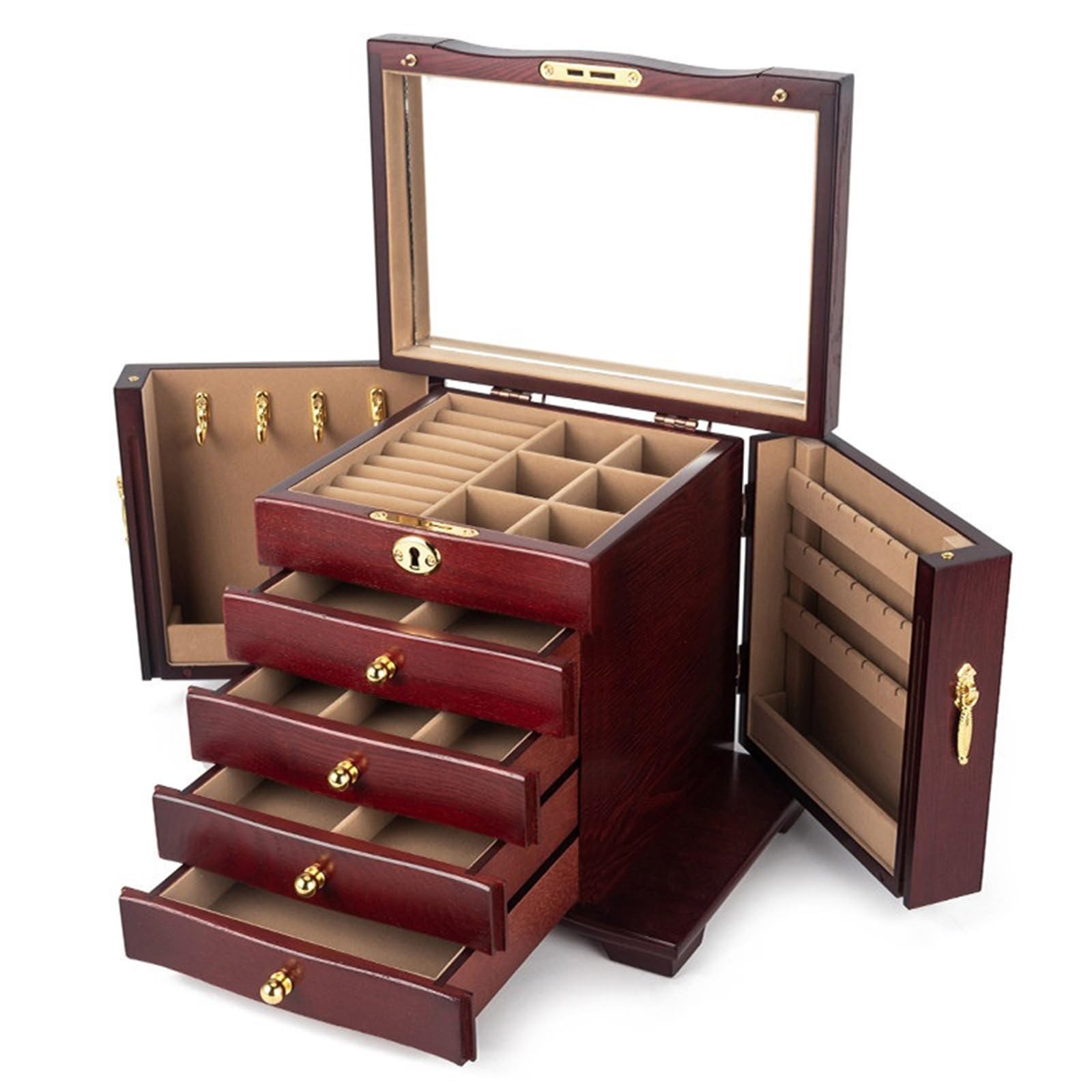 CLQYXRMVC Jewelery Box Wooden Jewelry Box 5-Tier Vintage Case With Mirror For Earrings, Rings, Necklaces, And More Jewellry Organizer Case(Red)