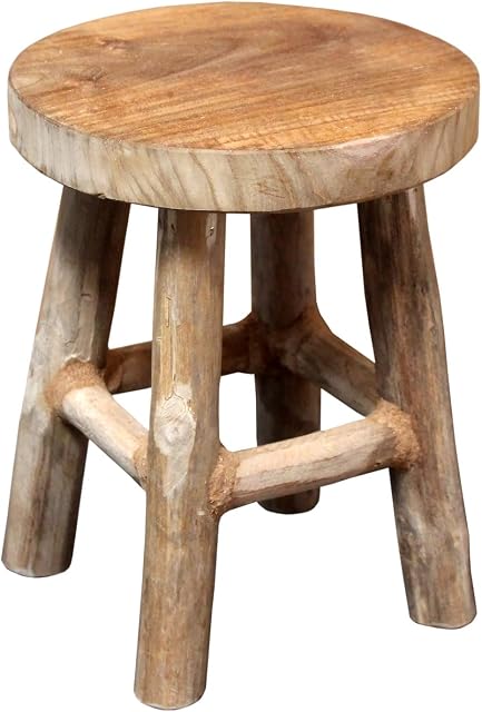 Spetebo Taboret na kwiaty z drewna tekowego 22 x 17 cm okrągły  naturalny/średni  drewniany taboret na rośliny z 4 nóżkami  prawdziwe drewno dekoracyjne lite drewno stojak na kwiaty stojak na