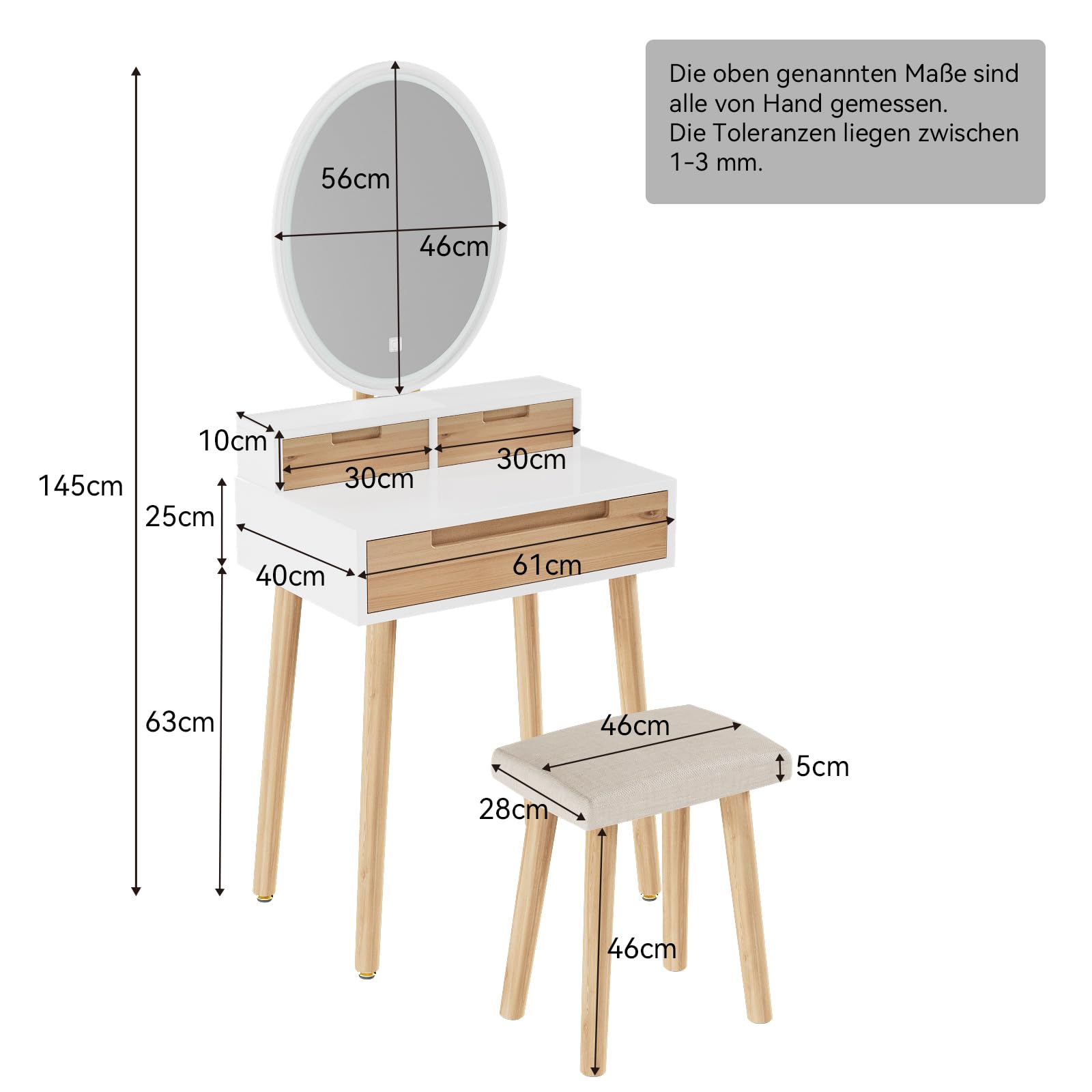 YU YUSING Schminktisch mit LED Beleuchtung und Spiegel, Frisiertisch Kosmetiktisch mit 3 Schubladen Hocker, Einstellbare Helligkeit, 60 cm Make Up Vanity für kleinen Raum, Schlafzimmer, Holzfarbe