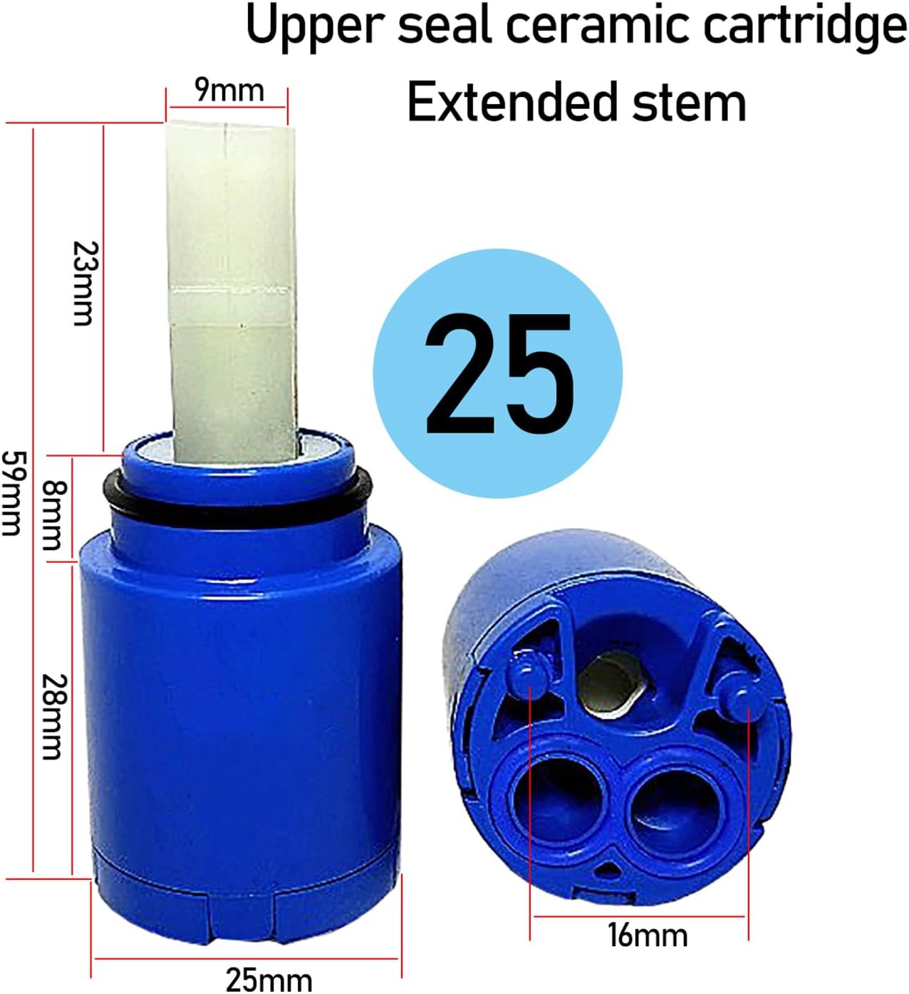 25mm Ceramic Cartridge, Upper Sealed Ceramic Faucet Cartridges With Square Extension Stem For Kitchen Bathroom Basin