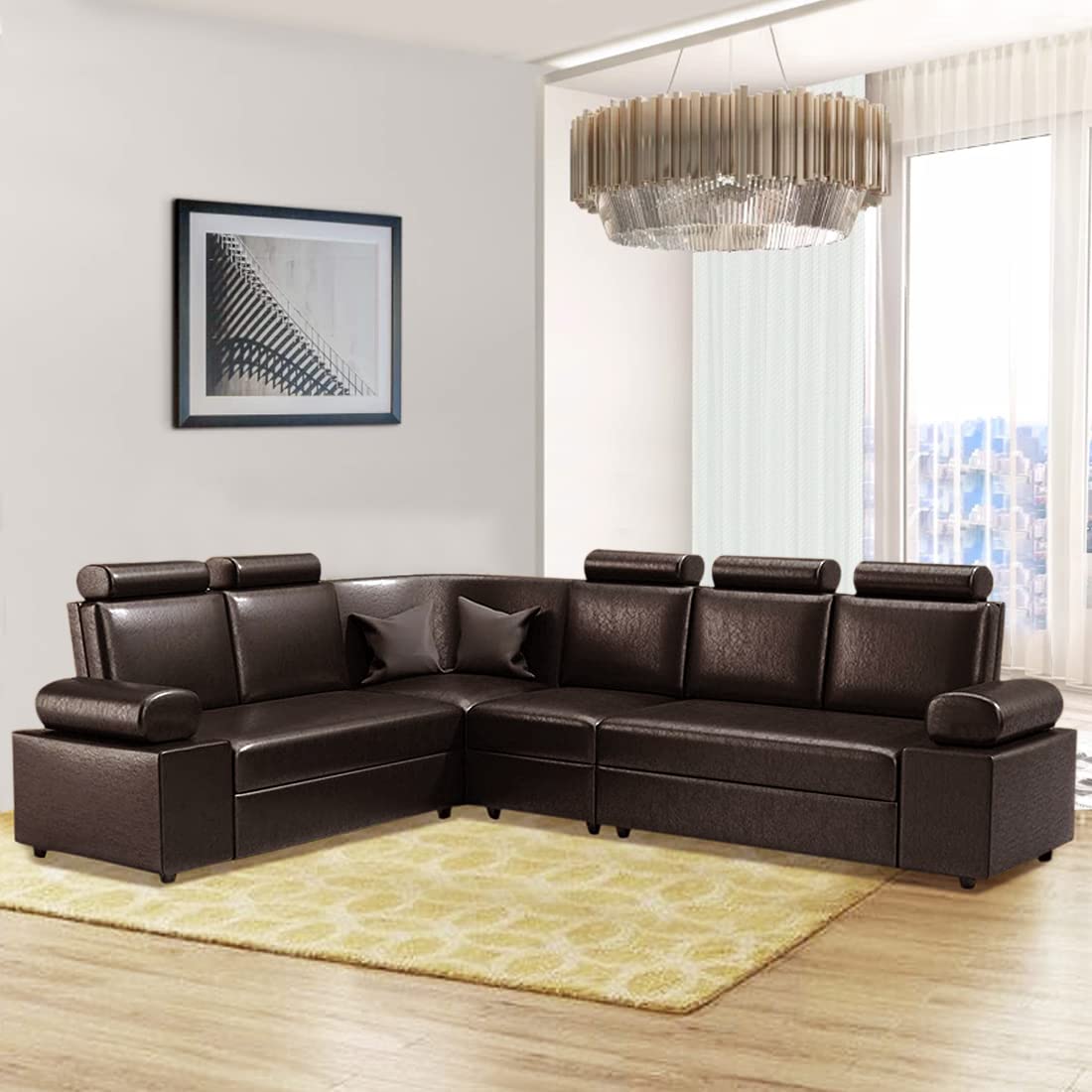 Blisscraft Pinestan Fabric 5- to 6-Person Sofa Corner L Shape Sofa with Headrest (Brown)-image-40