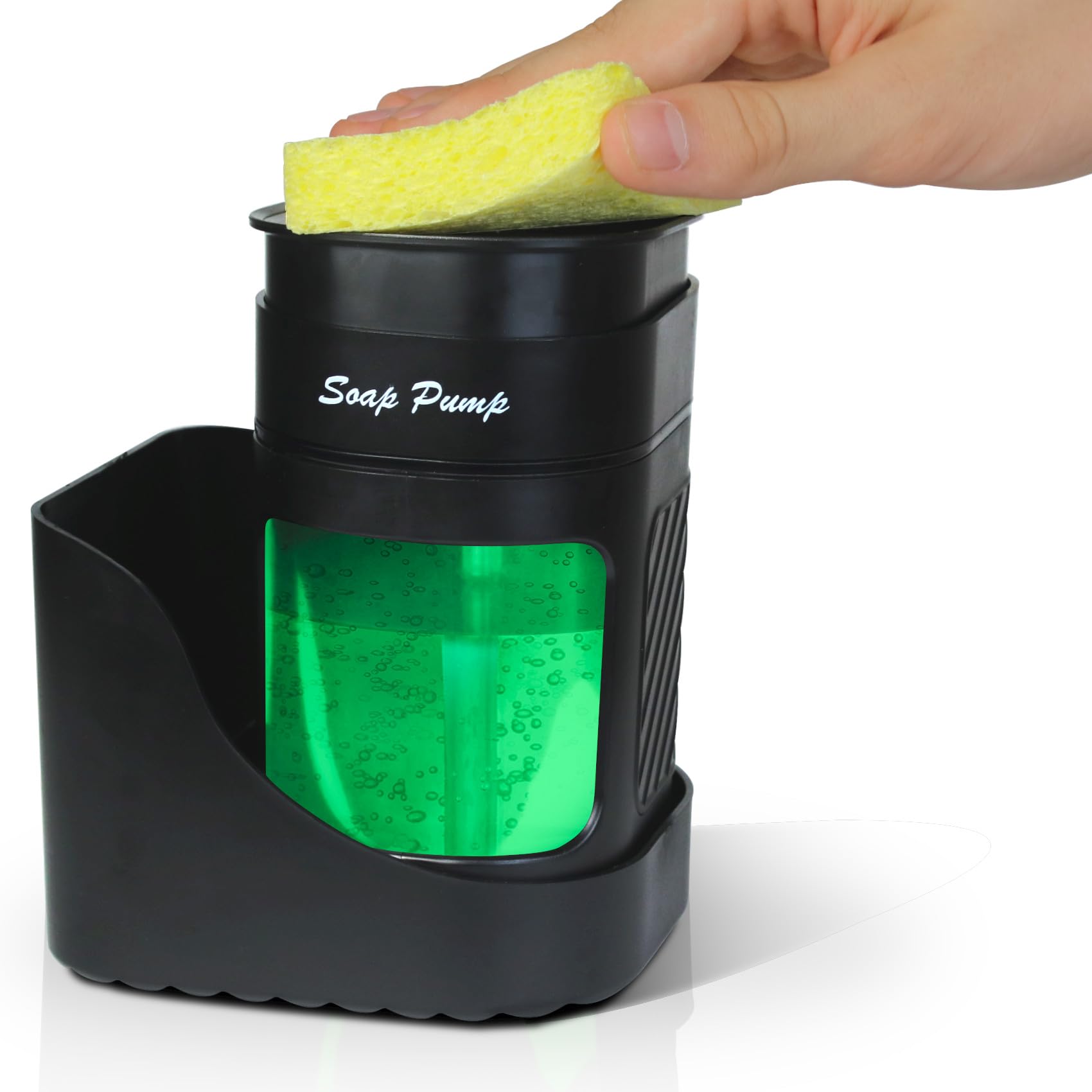 VITACHY 2-in-1 Kitchen Soap Dispenser and Sponge Holder, Large 15oz Dish Soap Pump with Sink Caddy Organizer, Ergonomic One-Hand Operation for Arthritis, Detachable Countertop Soap Mount, Black