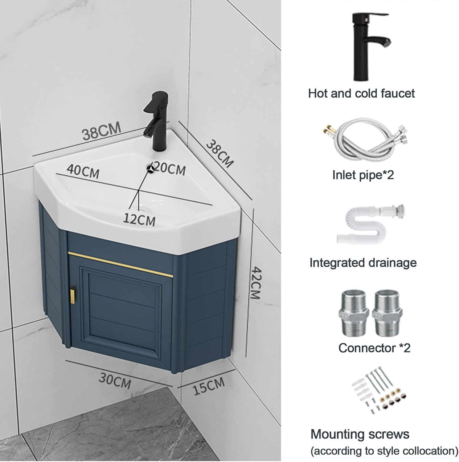 Modern Wall Mounted Small Corner Bathroom Vanity Cabinet with Sink Storage and Faucet Space Saving Design for Home Kitchen or Laundry Room