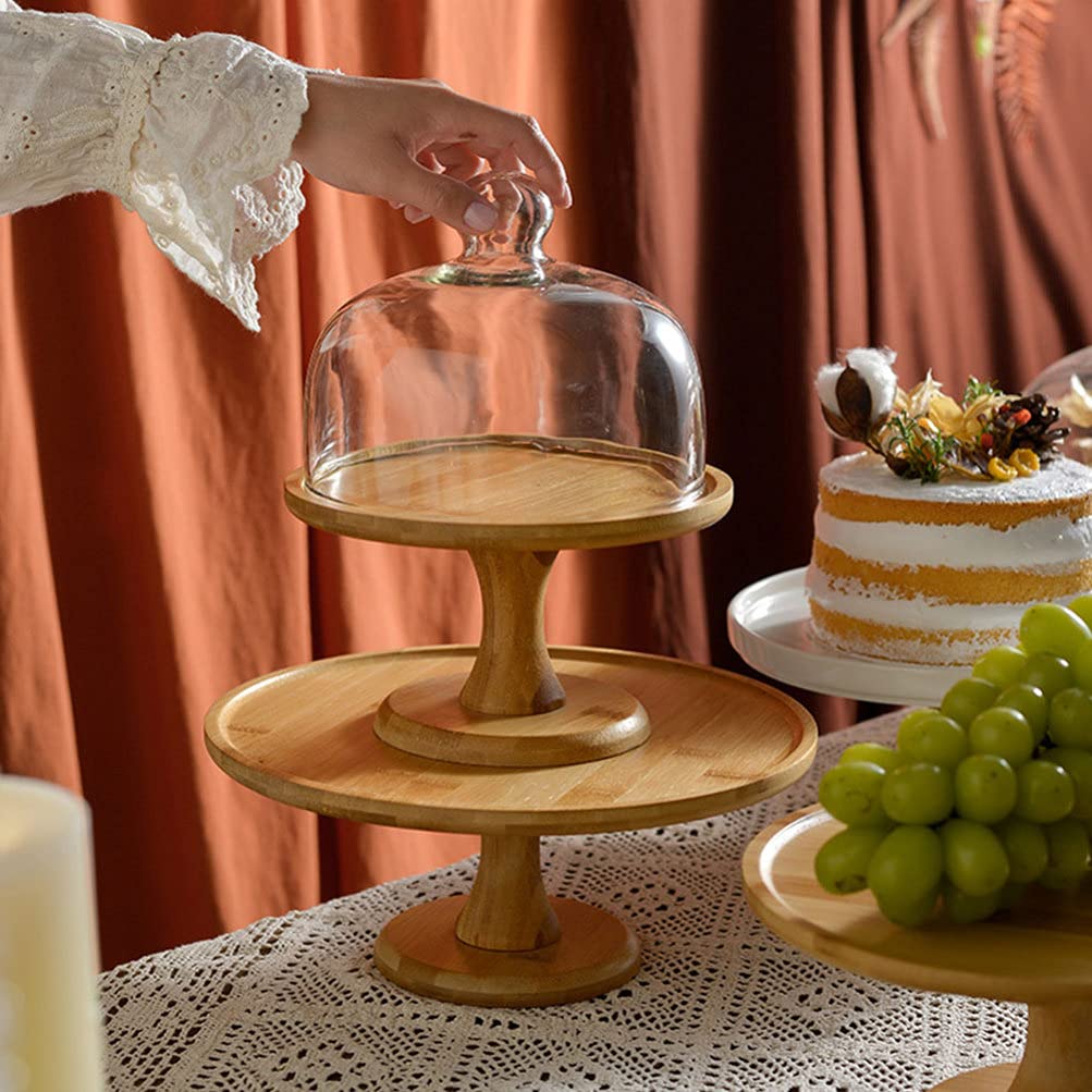 Gâteau Stand avec en Bois Pieds Assiette À Gâteau Serveur avec Cloche De Verre Vitrine Cupcake Dessert Plateau Plateau pour Le Fromage Pâtisseries 255Mm