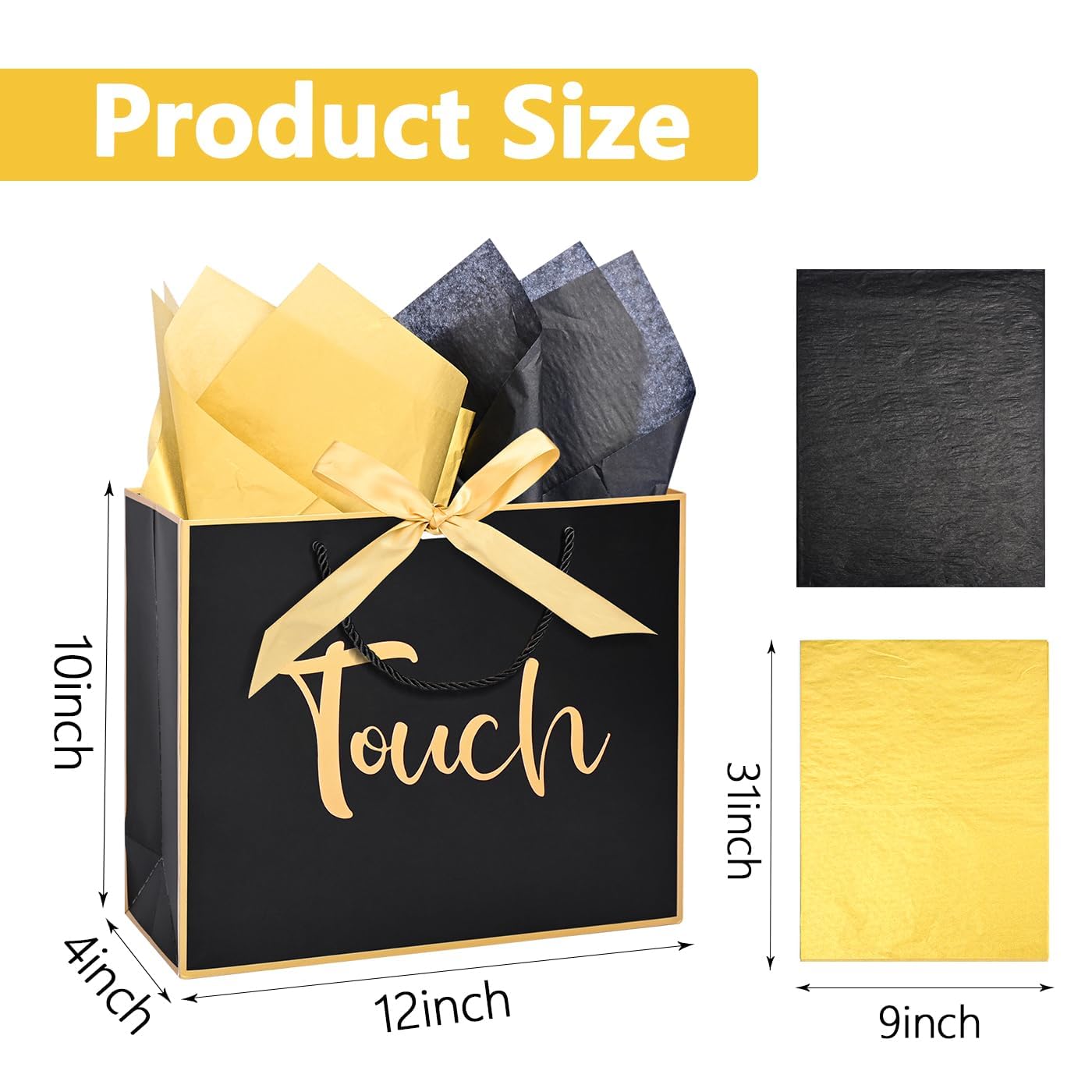 Large 5 Senses Gift Bags for Him Her, Gold Foil Sight Smell Touch Taste Sound Gift Bags,Five Senses Gift Bag for Him with Handles and Tissue Paper for Birthday, Mothers Day, Anniversary, Christmas12 x 10 x 4 Inch (Black)