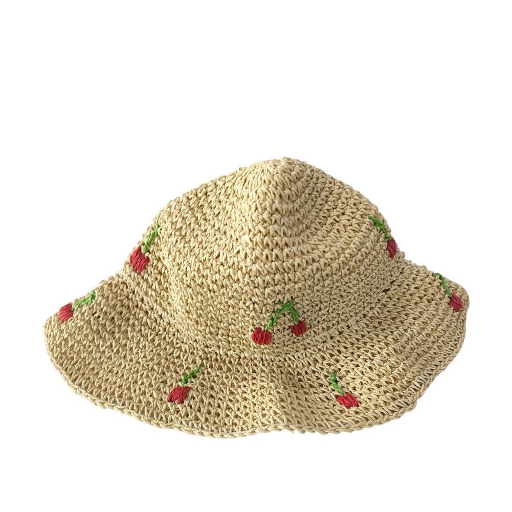 Sslvya Womens Floppy Straw Sun Hat Wide Brim Embroidered Cherry Beach Hat Packable Roll Up Bucket Cap Uv Protection Fisherman Hat Travel Summer Hat