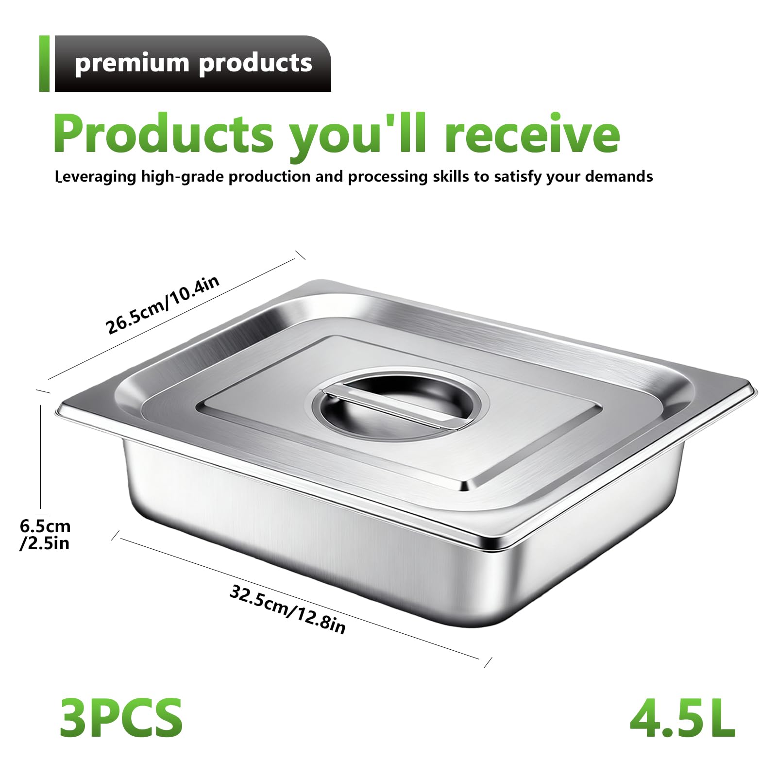 BORDEAG Lot De 3 Bols À Paner GN 1/2, Bac Inox Alimentaire, Plat Four Rectangulaire, Bac Gastro Inox Avec Couvercle, Plat Inoxydable Barbecue Pour Escalopes, Viande, Poisson, 32,5 X 26,5 X 6,5 cm