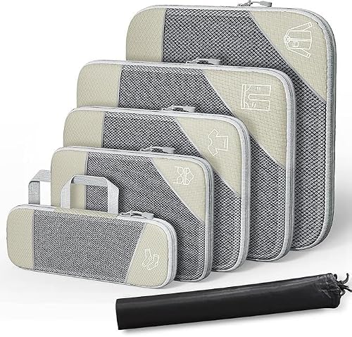 Simplify Living Compression Packing Cubes, simplify living bags, 5 Set Compressible,portable and Space-saving, ﻿(Beige)