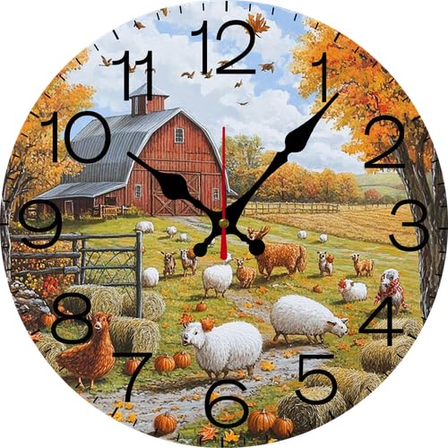 Vdenvileye Wall Clock 10 Inch Non-Ticking Clocks Farm Scene Round Wall Hanging Clock Battery Operated for Bedroom Living Room Kitchen Office