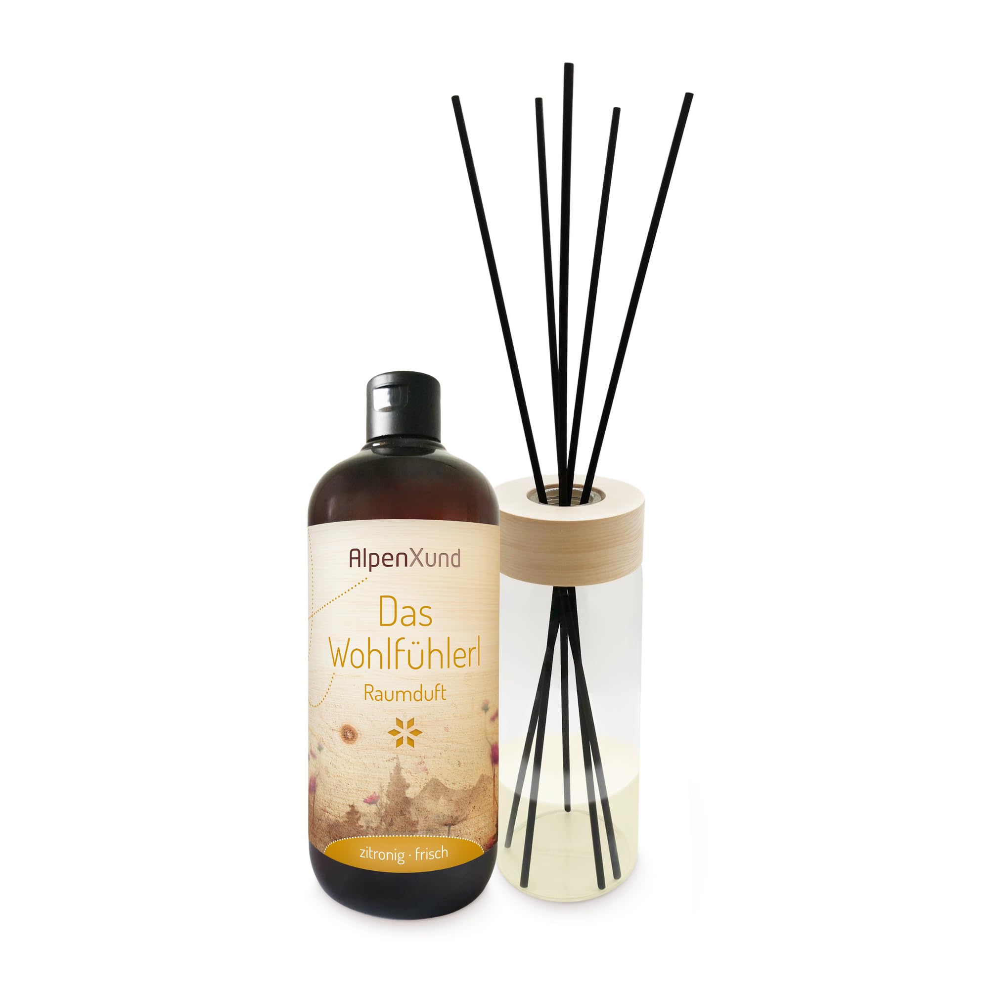 ZirbenDiffuserl Set 1000 ml + Wohlfühlerl 500 ml I Natürliche Raumbeduftung I Raumduft Nachfüllung ätherisch I Diffuser Holz Design I Duftöl 100% naturrein I Ideal für jeden Raum