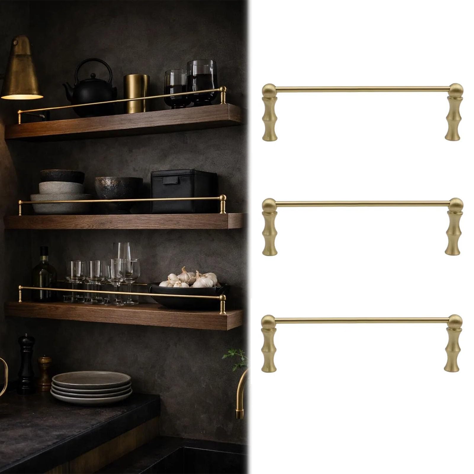 MESCXTY Set of 3 Long Brass Railing for Kitchen Shelves, Anti-Fall Cabinet Metal Guardrail Bars, Decorative Shelf Rail Fence Pole with 2 Spindles(Style C,24in/61cm)
