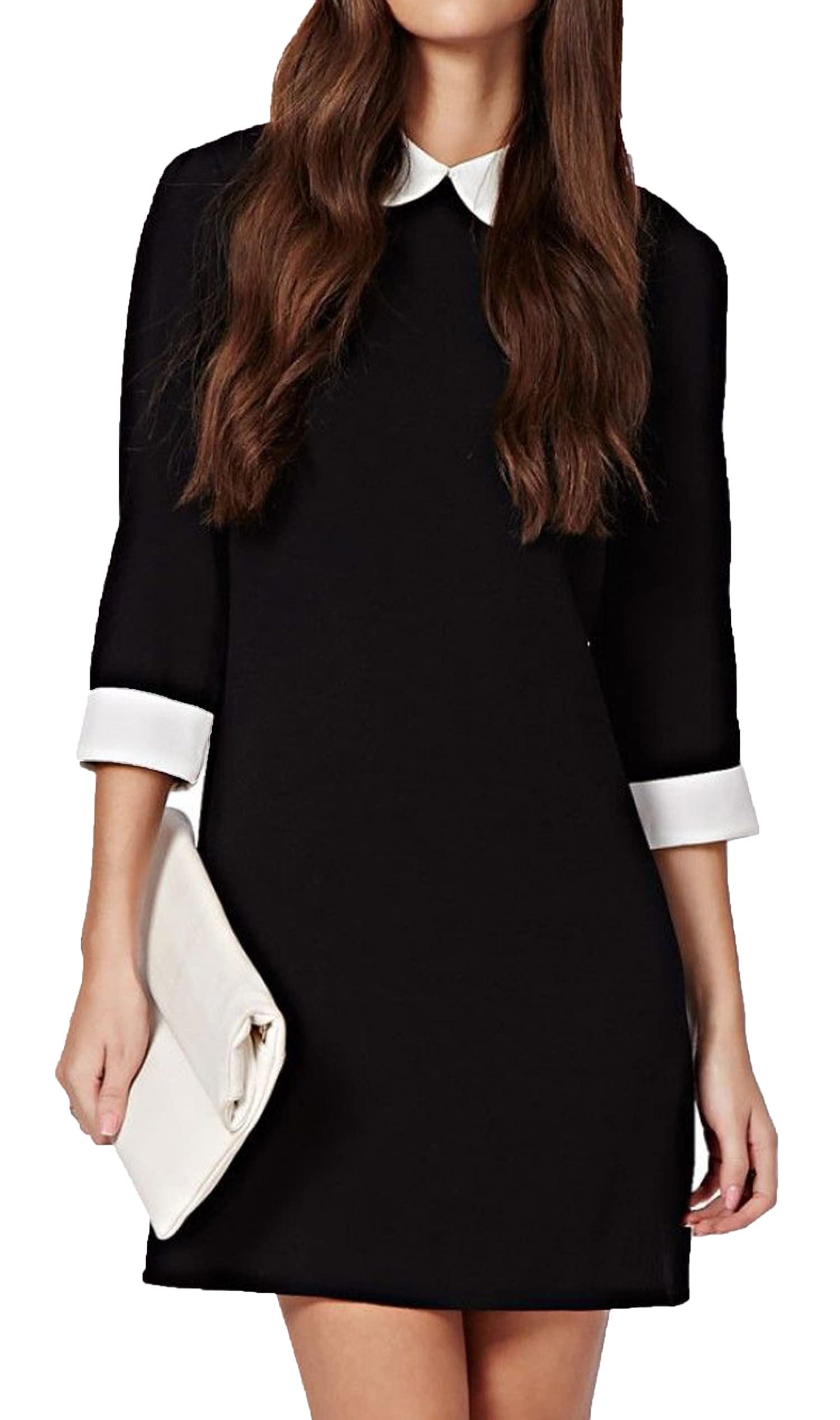 Futura London Womens Black Monochrome Peter Pan Contrast Collar& Cuff 3/4 Sleeve Casual Club Halloween Cocktail Mini Dress (UK 16)