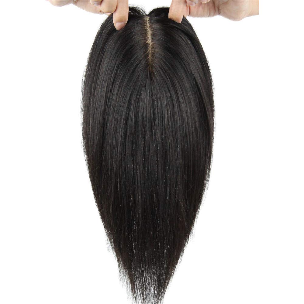 Natural Remy Human Hair Topper Hairpiece with Bangs Hair Toupee for Women 13x14cm Clip in Hair Topper for Thinning Hair 20cm/7.8Inch Dark Brown