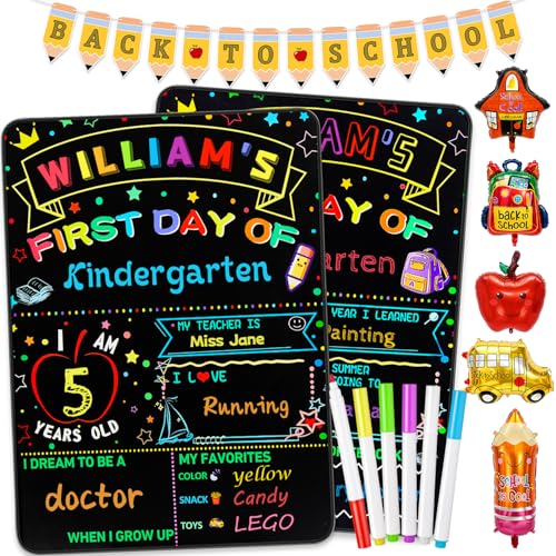 First and Last Day of School Board Sign with 6 Liquid Chalk Markers Pencil Banner & 5 Pcs School Balloons - 14x11 Double-Sided - Back to School Supplies for Kindergarten Preschool