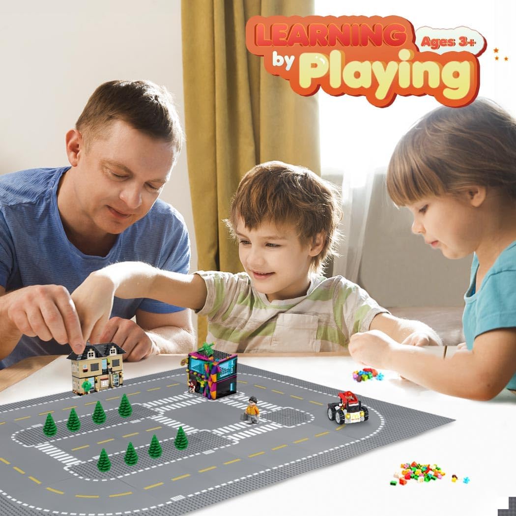 Lekebaby 12 Pack Road Base Plates 10x10 City Street Baseplates, 4 Curve / 4 T Junction / 3 Straight / 1 Junction, Compatible with Major Brands