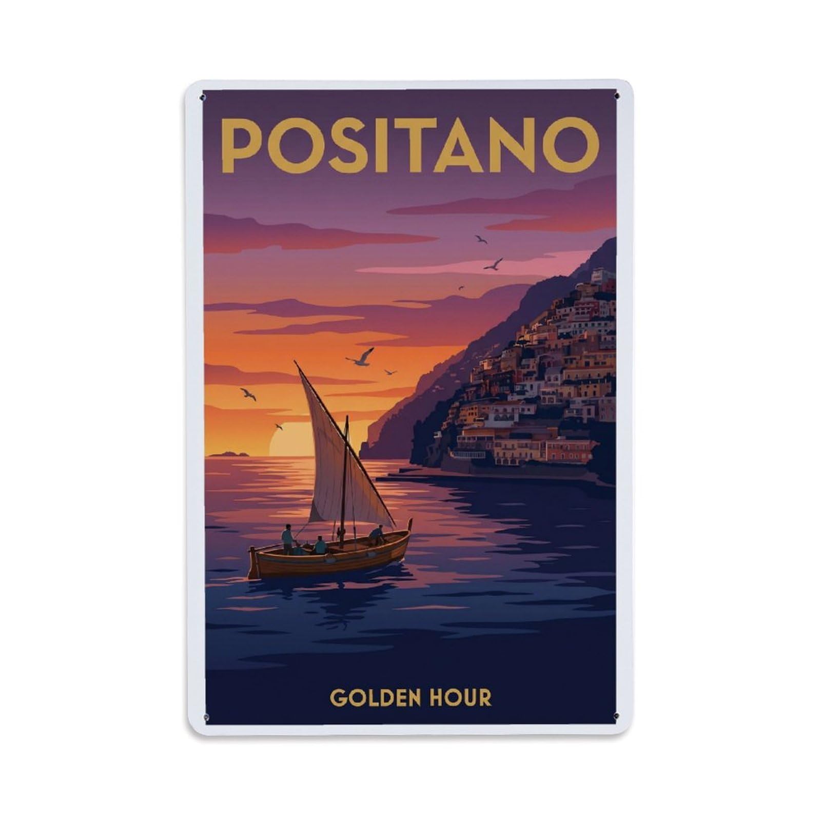 Vintage Travel Positano Italy Sojourner Metal Tin Sign Plaque Wall Decor for Cafe, Club Bar, Office, Garden Metal Poster 8x12Inch