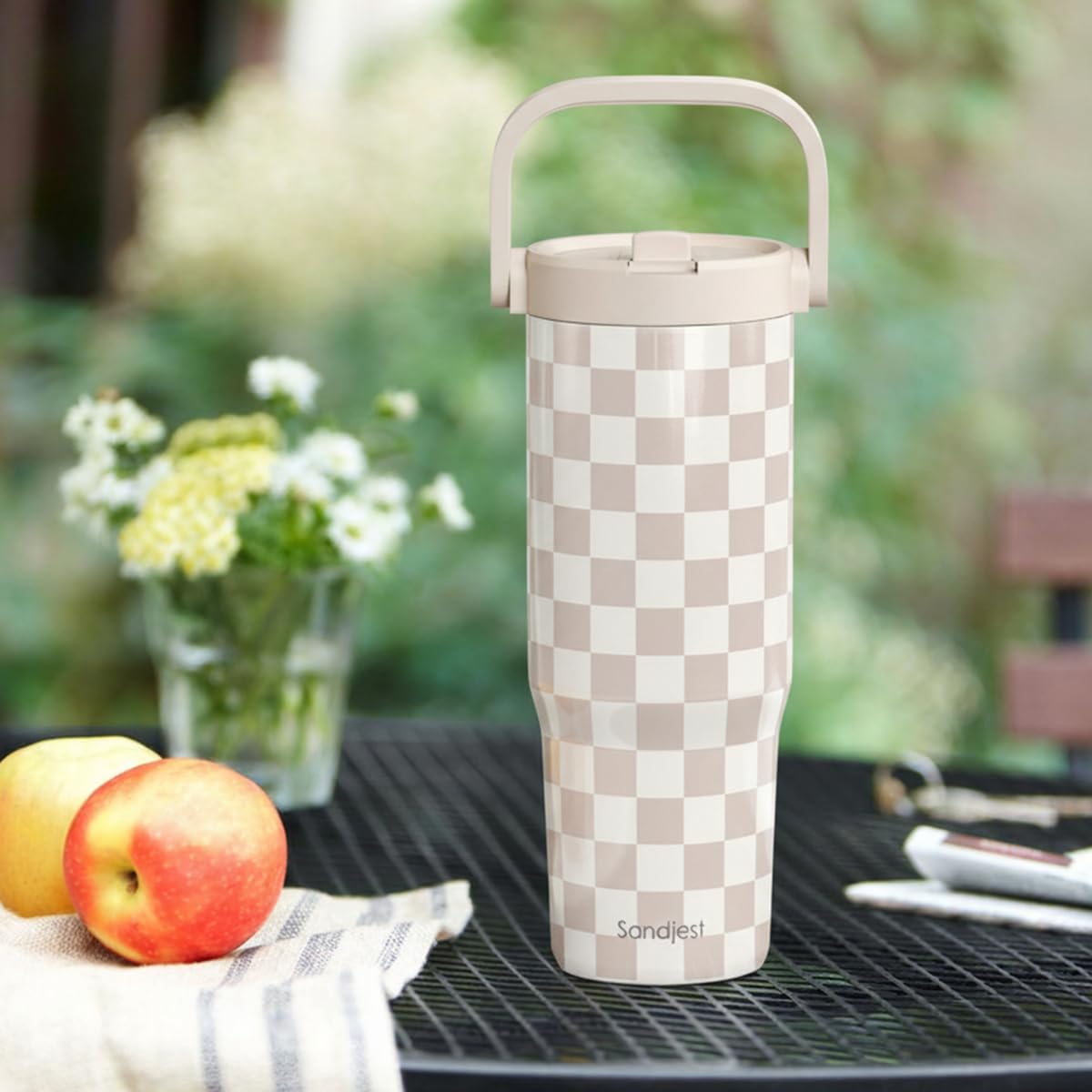 SANDJEST Checker Stainless Steel Straw Lid Tumbler 30oz with Carry Handle for Women Girls, Insulated Travel Coffee Cup, Gift for Sports Outdoor Workout Christmas Birthday - Image 7