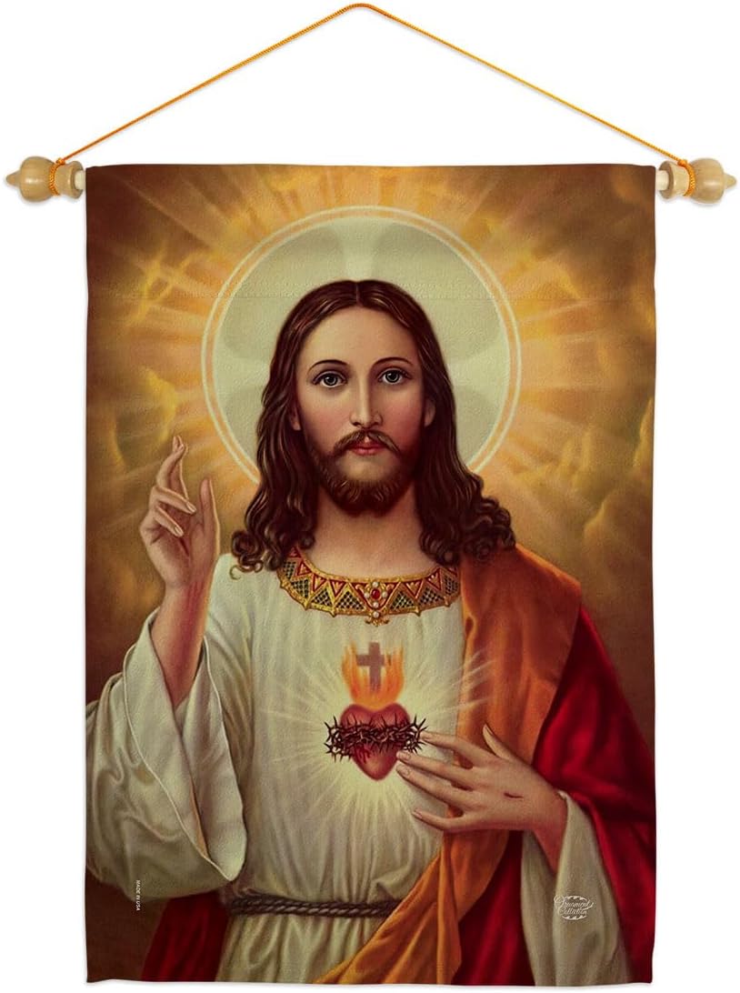 Feast of Sacred Heart of Jesus Flag Wood Dowel Set Wall Hanging Decor Home Poster Porch Religious Canvas Room Tapestry Faith Fathers Day Cemetery Decoration for Grave Yard Catholic Gifts