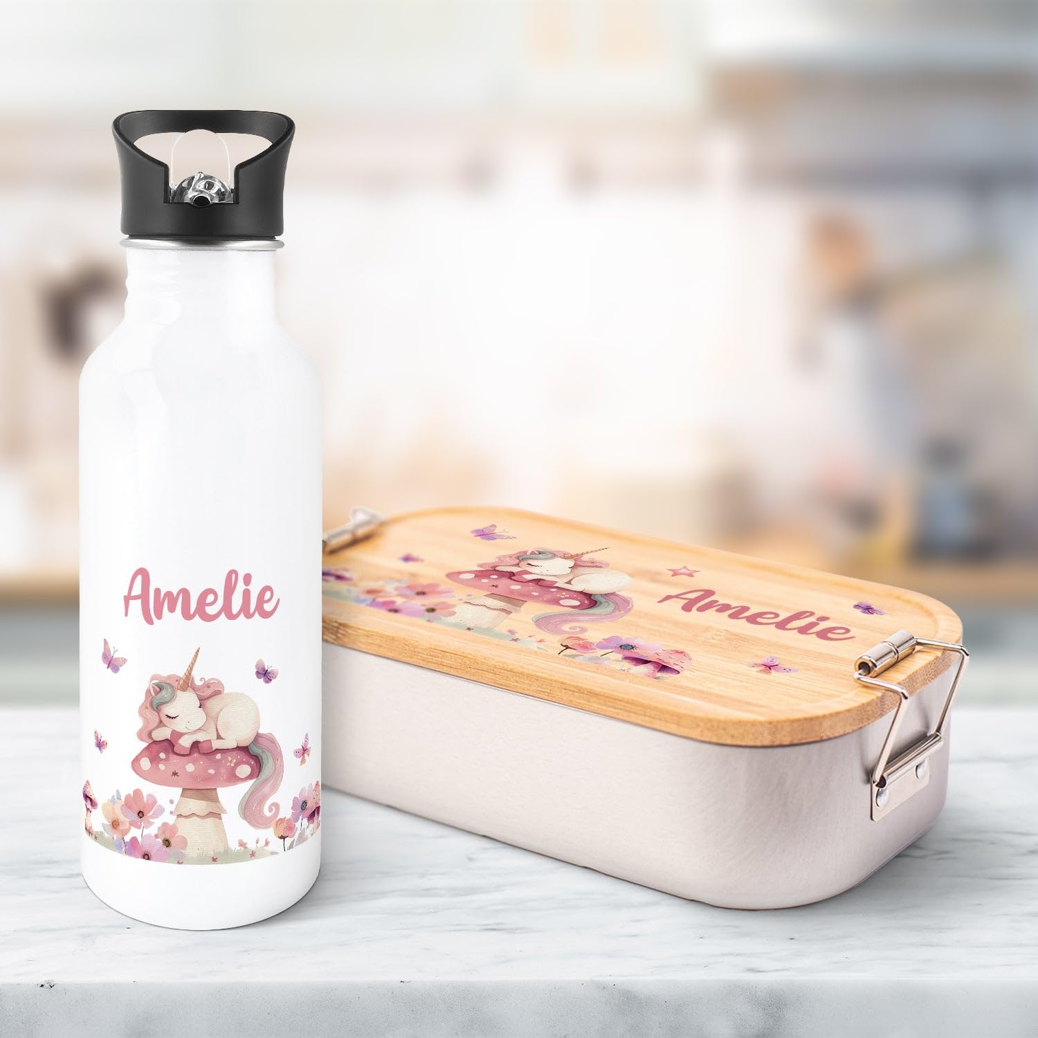GRAVURZEILE - Bedruckte Trinkflasche & Brotdose Set - Schlafendes Einhorn - Personalisiert mit Namen - Edelstahl Trinkflasche 600 ml, Brotdose mit Deckel - Geschenk zur Einschulung für Mädchen
