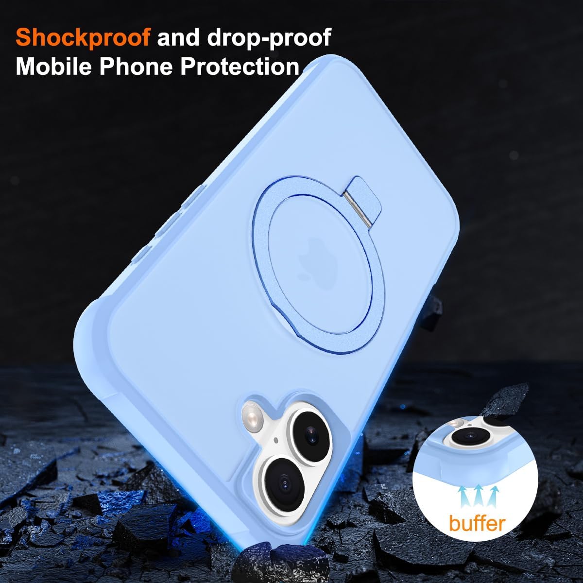 CHAOFEnG Magnetic Compatible with iPhone 17 Case with Stand [Military Grade Drop Tested][Compatible with Magnet] Ring Translucent Slim Hard Back Soft Edge, Mist Blue